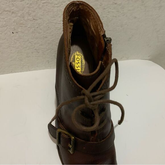 Fossil Charlene Ankle Boots Womens Size 7.5 Brown  Leather Lace Up Buckle Wedge - Picture 8 of 16